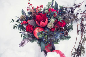 Bright winter christmas bouquet in snowy forest