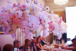 Luxury decorated with flowers roses and orchids celebration hall in palace